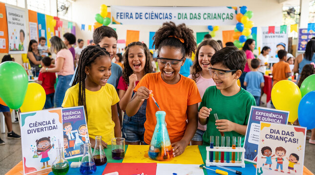 Group of enthusiastic multiethnic elementary school children conducting a colorful chemistry experiment during a science fair event