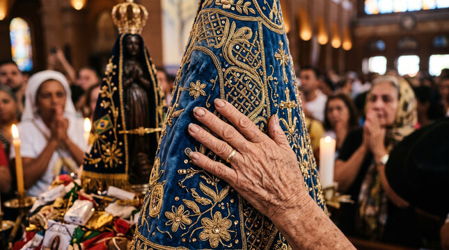 Close-up of a devout pilgrim hand touching the embroidered blue mantle of Our Lady of Aparecida statue during prayer in a basilica