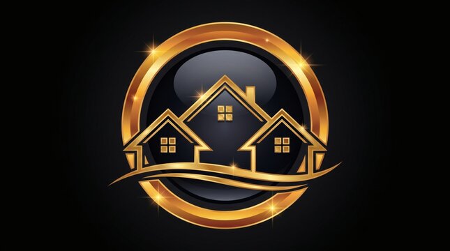 Gold Luxury Real Estate Logo Template with Three Houses in Sparkling Circle Emblem on Black Background