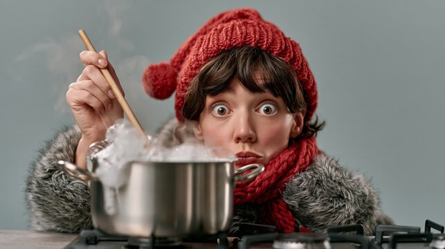 Funny young woman stirring an overflowing pot of foam and looking panicked, winter cooking photo