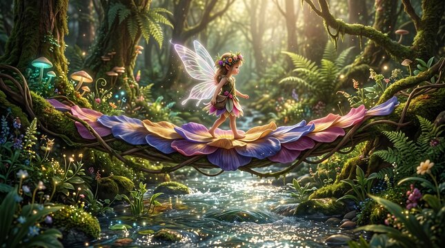 Whimsical fantasy scene featuring a fairy traversing a delicate flower bridge in a lush, sunlit forest&mdash;.