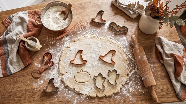 Halloween cookie dough with copper cutters and baking tools on wood