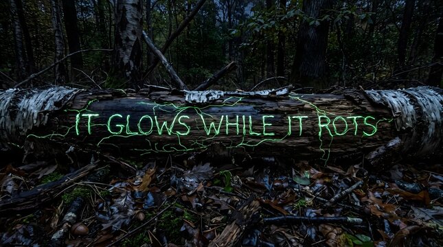 Bioluminescent green glowing text on decaying fallen log in dark autumn forest for Halloween mystery background concept