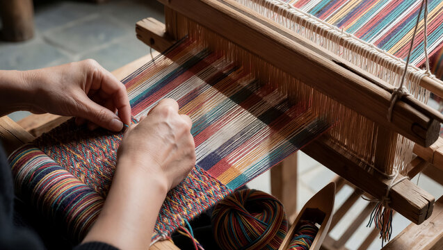 Close-up of human hands weaving colorful thread on a traditional wooden loom. This artisan process creates unique, handmade textile fabric with intricate patterns