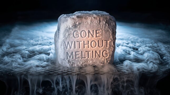 Dry ice block with gone without melting text sublimating into thick cold vapor fog over metal grate in science studio background