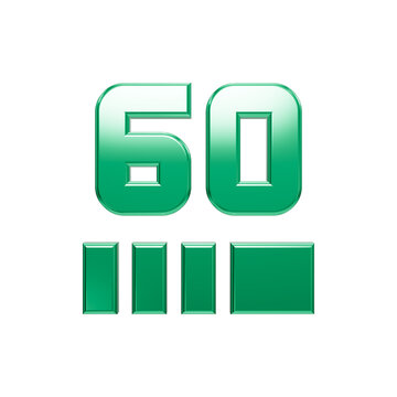 Metallic green numbers sixty above four segmented bars isolated on a black background, representing a digital score countdown progress loading level counter indicator graphic display design element