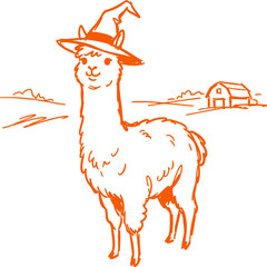 Obraz premium Halloween llama in witch hat standing before rural barn, hand drawn vector illustration