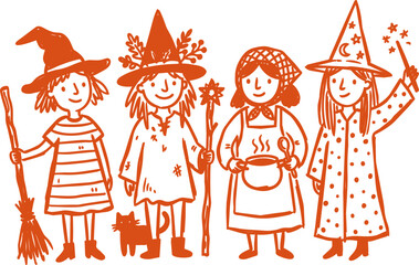 Obraz premium Four halloween witches with broom, potion, wand, and cat hand drawn illustration