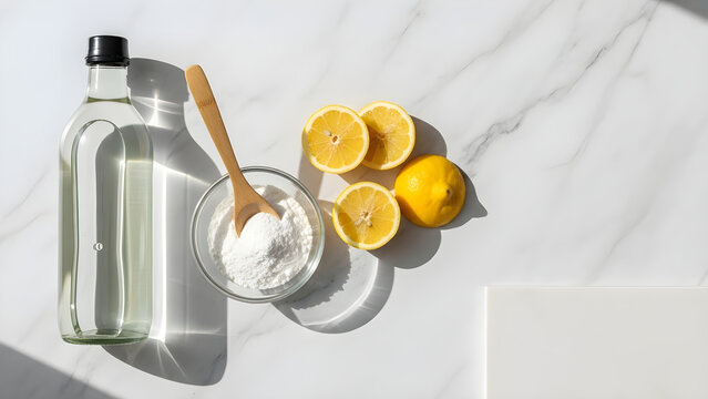 Natural cleaning ingredients featuring white vinegar, baking soda, and fresh lemon slices arranged on a clean white marble surface for eco-friendly household maintenance