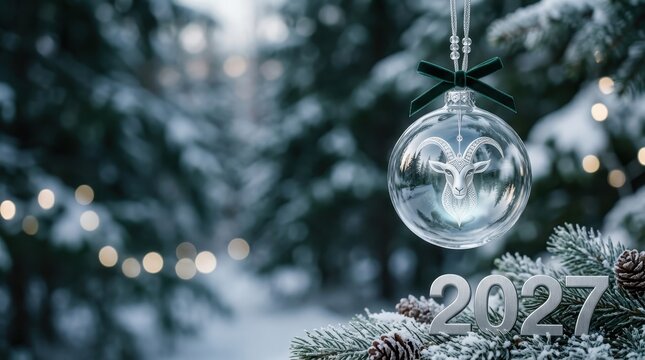 New Year Celebration. 2027 glass ram ornament, Christmas winter setting, greeting card background with snowy fir branches, festive lights, and copy space