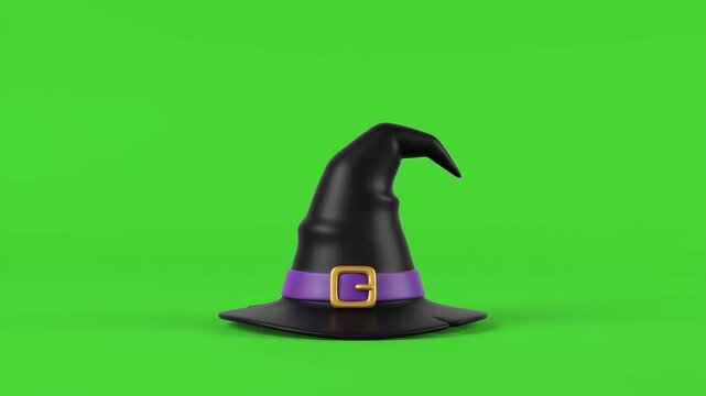 3D black witch hat with purple band for Halloween video motion and overlay graphics on green screen background