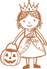 Obraz premium Halloween princess girl holding jack-o'-lantern pumpkin in hand drawn vector character artwork