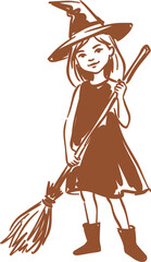 Obraz premium Young witch with broom and wand in hand drawn vector character illustration