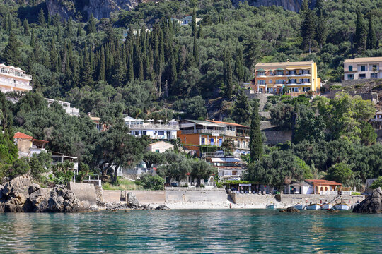 Coastal Hotels and Houses Along the Hillside at Paleokastritsa.