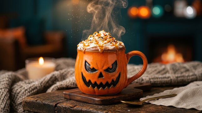Steaming hot chocolate in a pumpkin shaped mug with whipped cream and sprinkles, cozy Halloween home setting, festive seasonal beverage treat