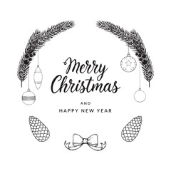 Festive wreath illustration with pine branches ornaments and seasonal greetings © NILUFA