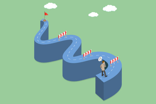 3D Isometric Flat Vector Illustration of Challenge, Entrepreneur Facing Numerous Obstacles On The Path To Success