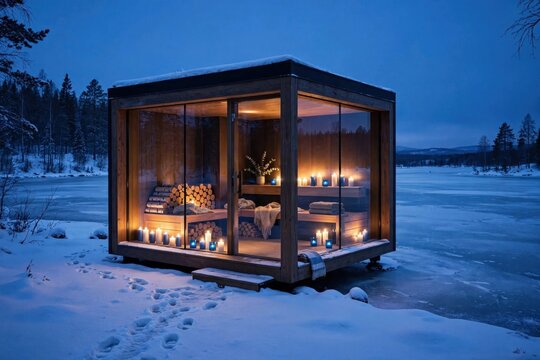 Modern glass sauna cabin by a frozen lake, Finnish Independence Day atmosphere, winter wellness retreat and peaceful relaxation experience