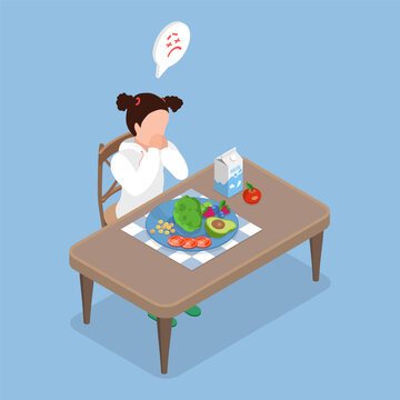 3D Isometric Flat Vector Illustration of Picky Eater, Unhappy Little Girl Refusing Fruits And Vegetables, Covering Mouth In Disgust.