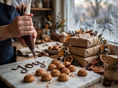 Baker piping chocolate text joy on cookies, Sinterklaas holiday preparation, festive winter baking scene for seasonal gift giving and homemade treats