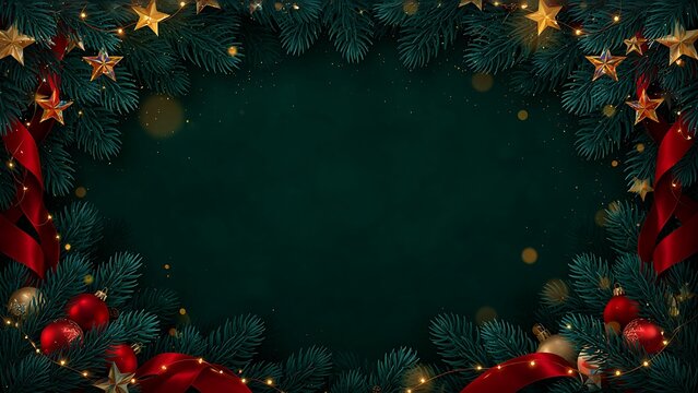 An elegant Christmas frame featuring lush pine branches, golden stars, red ribbons, and festive baubles over a dark green background, created with generative ai.
