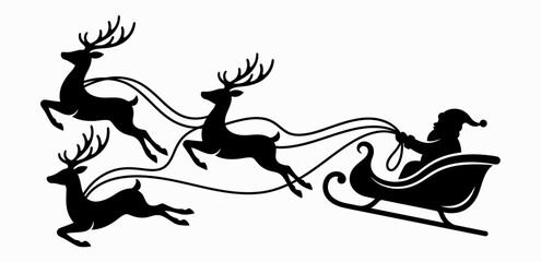 Obraz premium Christmas Santa Claus Sleigh Silhouette showing Flying Reindeer Pulling Sledge Packed with Gifts on White Background Vector Design