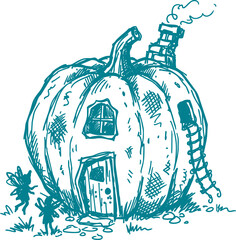 Obraz premium Whimsical pumpkin cottage with chimney smoke and ladder hand drawn illustration
