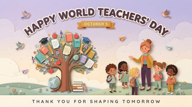 World Teachers Day illustration with diverse students and teacher in paper style