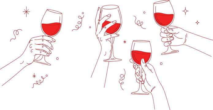 Wine glass toast icon set featuring multiple hands holding glasses, celebration and party design vector.