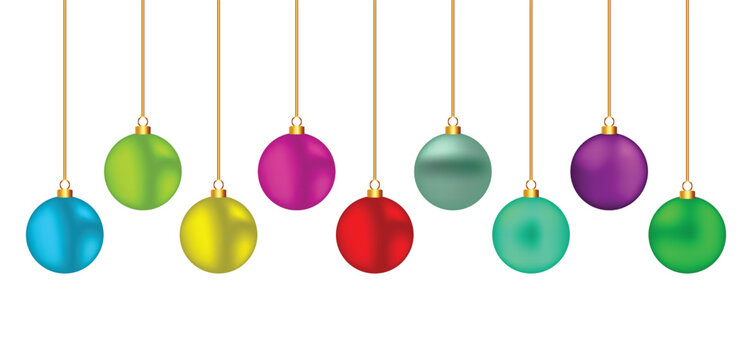 Colorful hanging Christmas balls set featuring realistic colorful christmas baubles ornament border for holiday decoration new year banner card layout vector illustration
