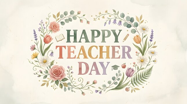 Happy Teacher Day greeting card with watercolor floral wreath and copy space