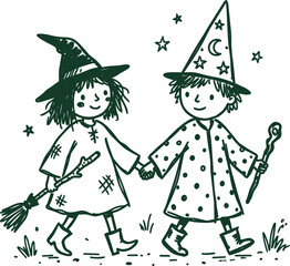 Obraz premium Halloween children walking together with broom and wand in hand drawn illustration