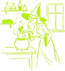 Obraz premium Witch brewing potion in kitchen with cauldron and pointed hat line art