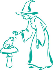 Obraz premium Witch examining frog on stool in teal hand drawn line art scene
