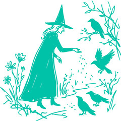 Obraz premium Witch scattering seeds among birds and wildflowers in a monochrome hand drawn illustration