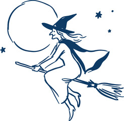 Obraz premium Flying witch on broomstick with full moon and stars line art illustration