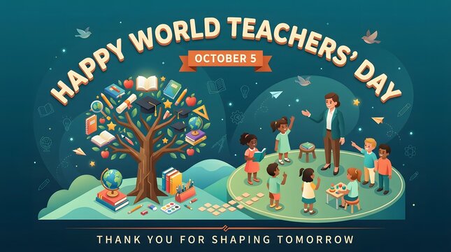 Happy world teachers day celebration with a teacher and children near a knowledge tree with educational supplies on a dark blue background