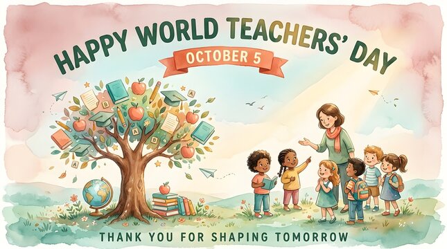 Happy world teachers day banner illustration with a teacher and diverse students standing near a knowledge tree with school books and a globe on october 5