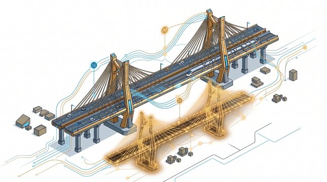 High-end isometric vector illustration of a massive multi-level cable suspension bridge with integrated smart infrastructure and structural monitoring technology. An amber-gold 