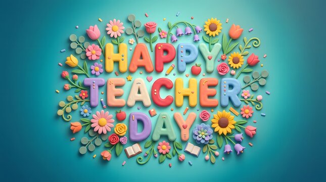 Happy Teacher Day colorful 3D typography with flowers on a teal background