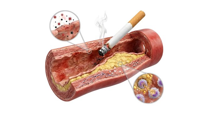 3D Medical Illustration of a Cigarette Causing Atherosclerosis, Arterial Damage, and Cholesterol Plaque Buildup