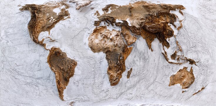 Equal Earth world map, topographic relief map, accurate landmass proportions, exaggerated terrain elevation and physical geography on a textured surface. Detailed 3D-style cartographic representation