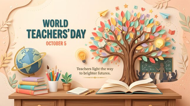 World Teachers Day paper craft illustration with school supplies and copy space