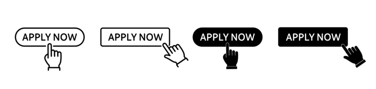 Apply now icon set. Cursor clicking on banner, cta, online registration symbol. Vector illustration. 
