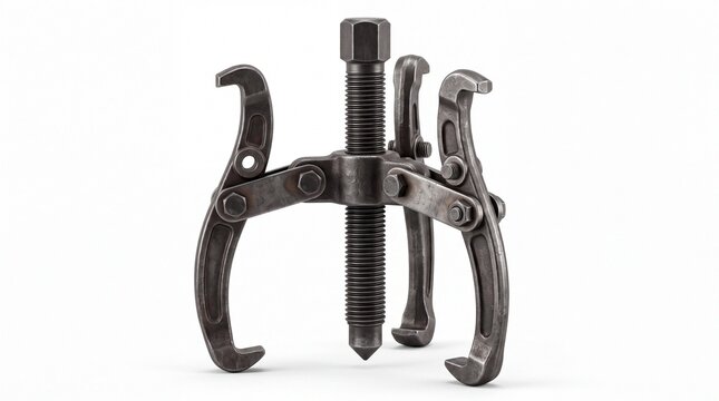 Metal three jaw gear puller tool on white background