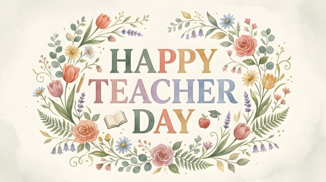 Happy Teacher Day celebration with floral wreath and graduation cap in light studio background