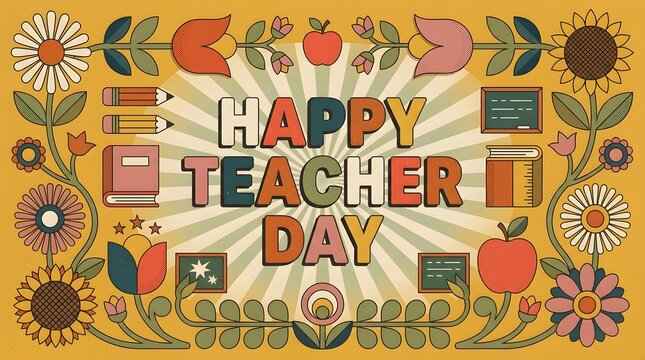Happy Teacher Day retro greeting card design with school supplies and flowers