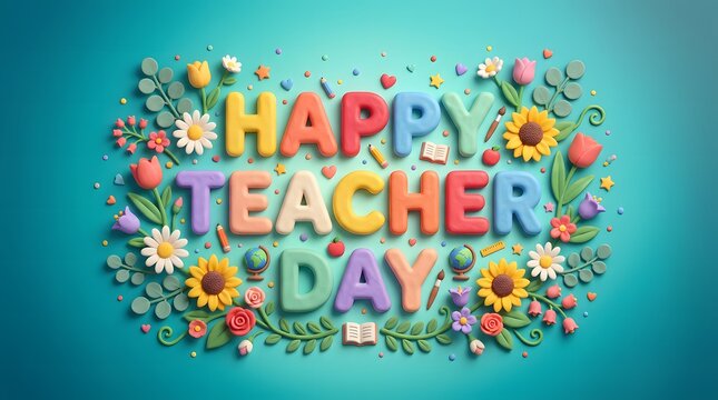 Happy Teacher Day colorful 3D text celebration with flowers and copy space