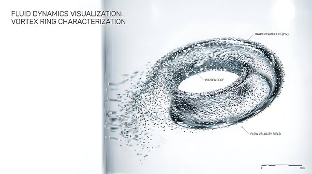 Scientific diagram of vortex ring fluid dynamics with labels and motion visualization