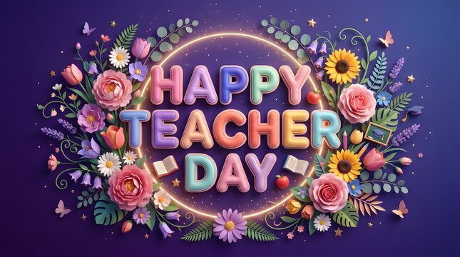 Happy Teacher Day celebration with colorful 3D letters and floral arrangement on purple background